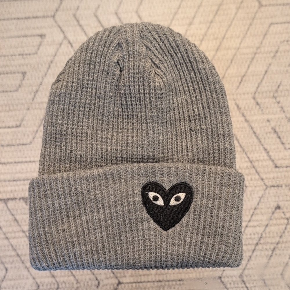 Gray Knit Beanie with Heart Design